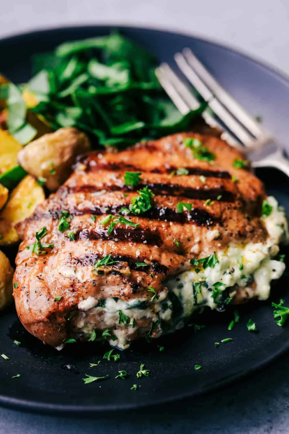 Grilled Spinach and Herb Stuffed Pork Chops