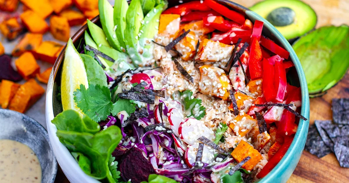 Rainbow Salad Power Bowl With Salmon & Sesame Dressing
