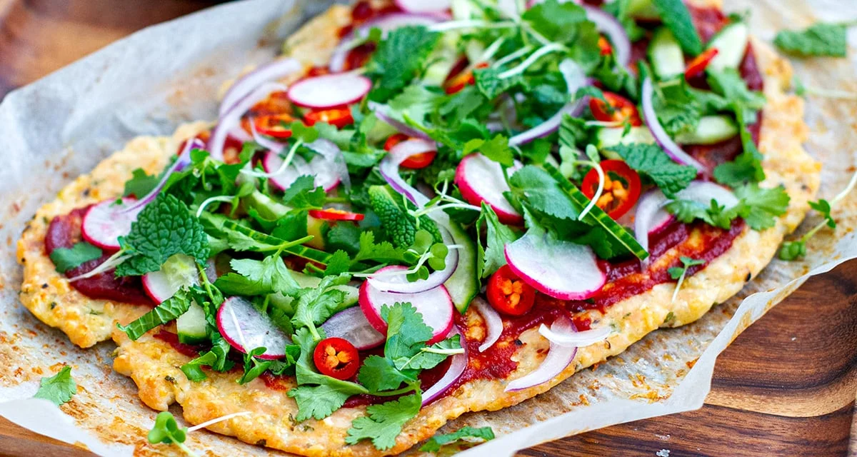 Chicken Pizza Crust With Spicy Sauce & Fresh Herbs (Keto)